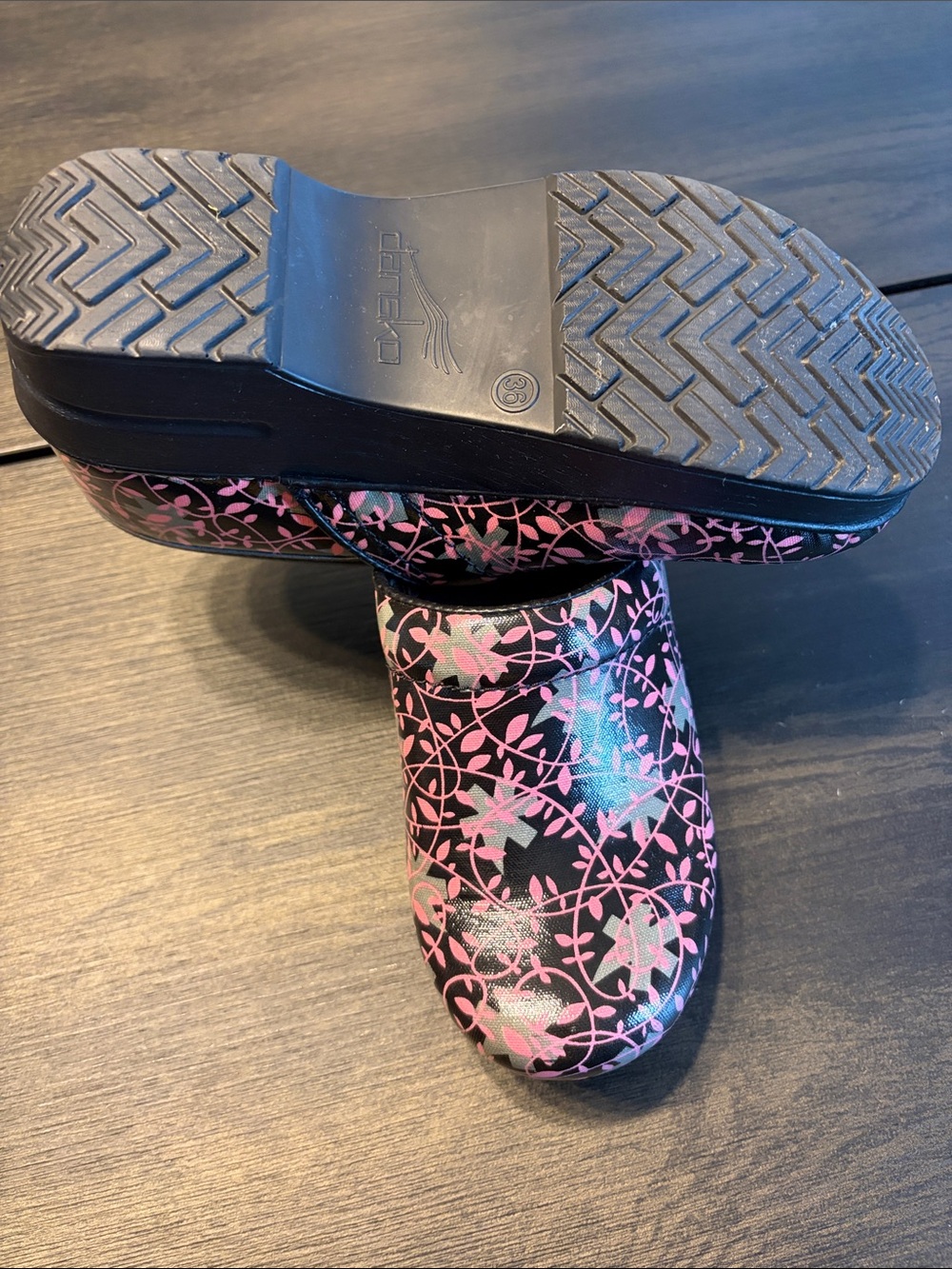 Dansko Vegan Clogs in Black with Pink Floral Pattern - Picture 7 of 7